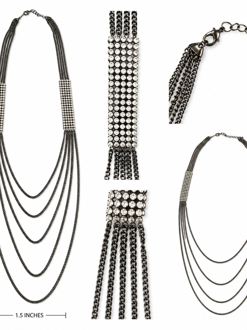 Art Deco 1930's Inspired Gunmetal Multi Strand Crystal/Rhinestone Necklace/18" - Picture 2 of 3